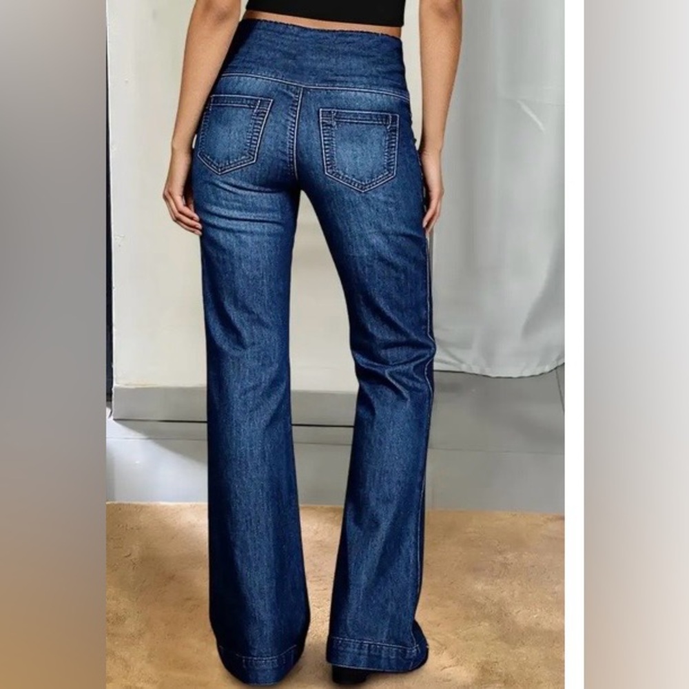 Flamingals Wash Seam Front High Rise Straight Leg Jeans Size Large NWT - Picture 3 of 13